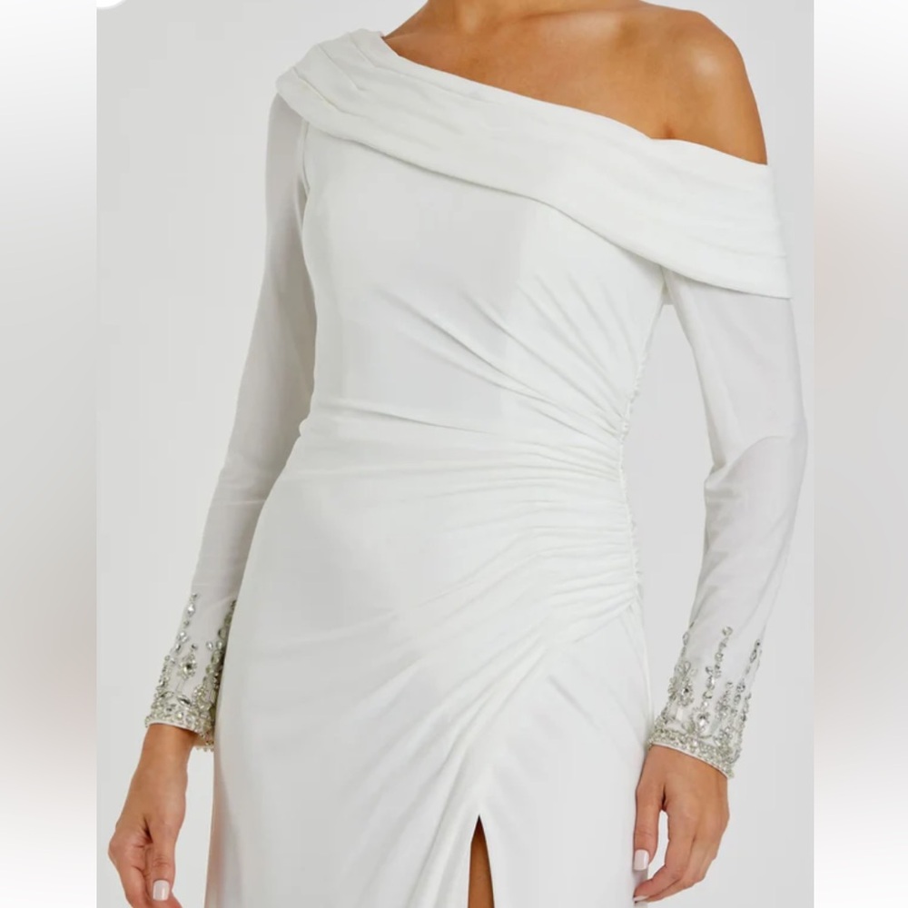 Mac Duggal Off-Shoulder White Dress with Silver Embellishments
